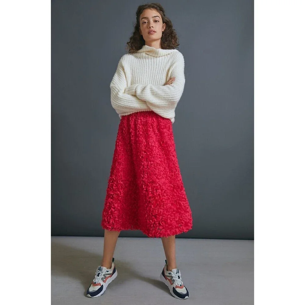 Pink Anthropologie Maeve Floral Lace Textured Full Midi Skirt (NWT) - Picture 3 of 6